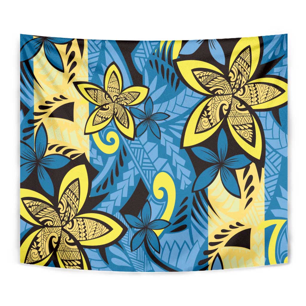Plumeria Polynesian Pattern Tapestry Unique Fantasy Blue Yellow