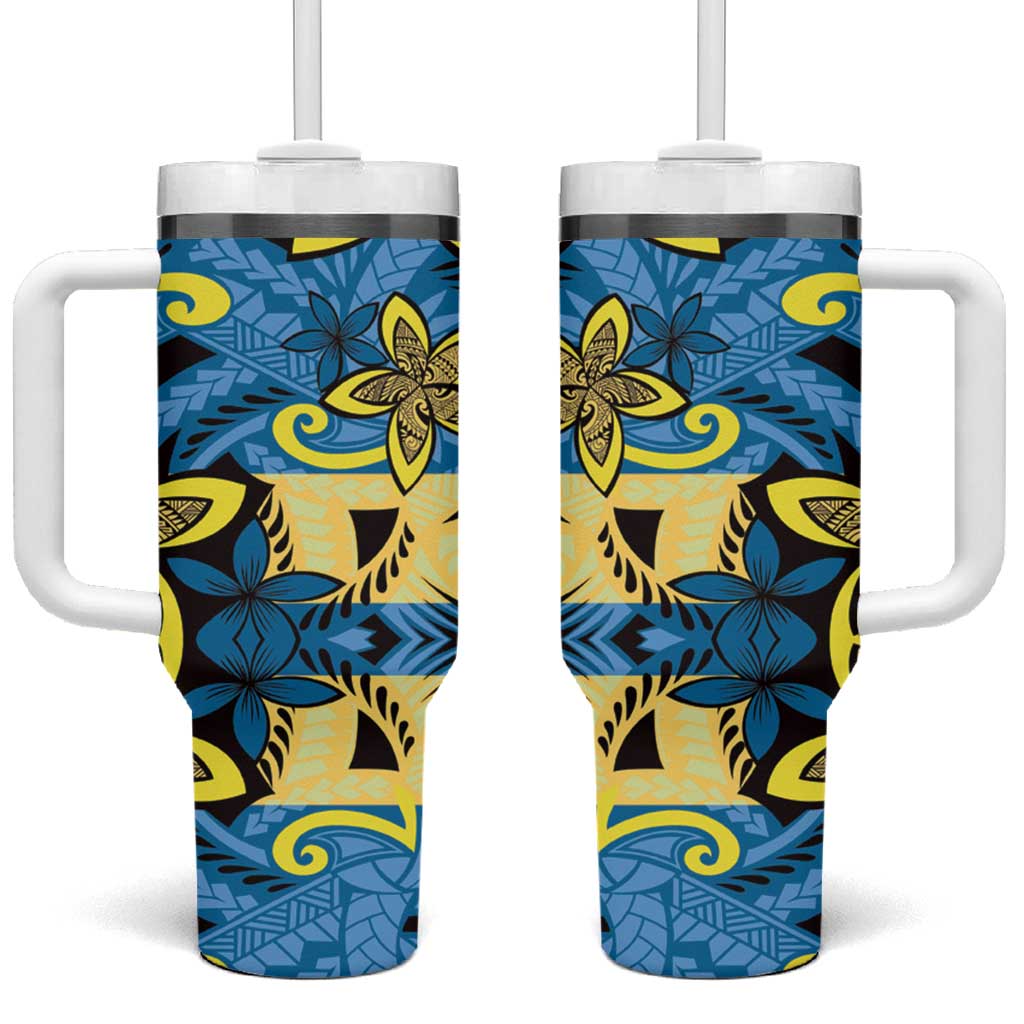Plumeria Polynesian Pattern Tumbler With Handle Unique Fantasy Blue Yellow LT01 One Size: 40 oz Blue - Polynesian Pride