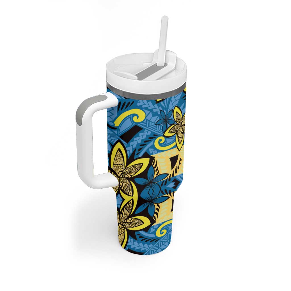 Plumeria Polynesian Pattern Tumbler With Handle Unique Fantasy Blue Yellow