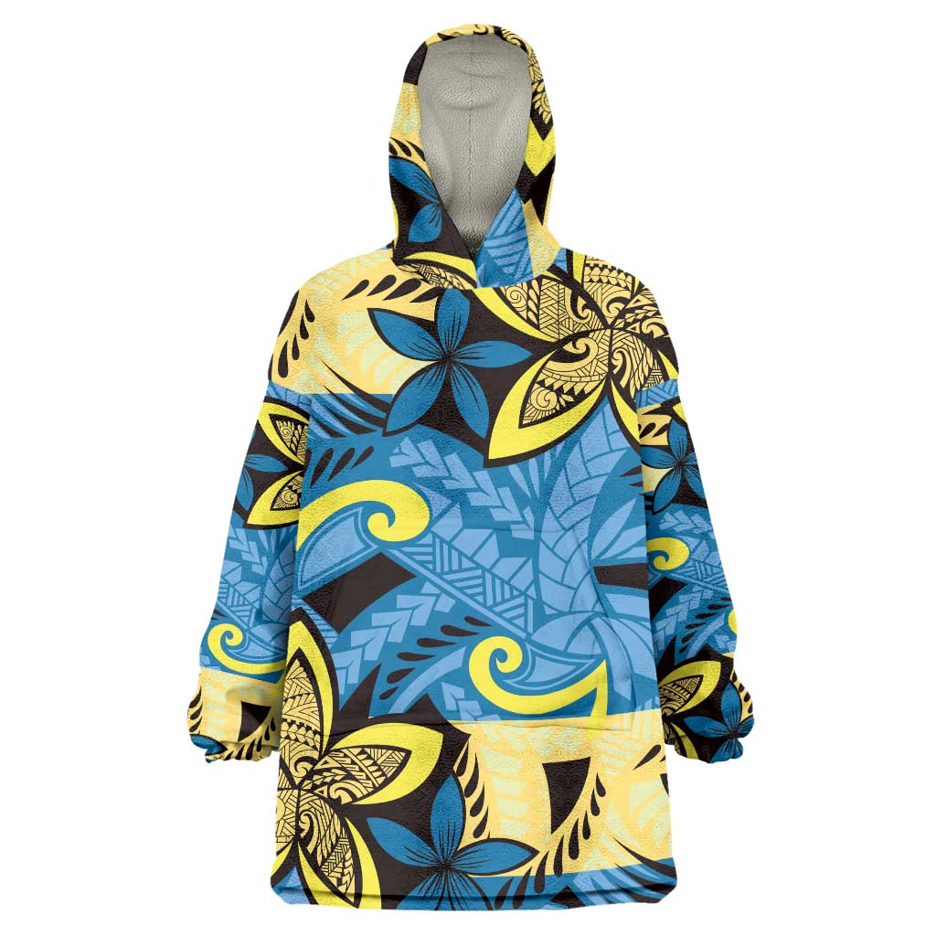 Plumeria Polynesian Pattern Wearable Blanket Hoodie Unique Fantasy Blue Yellow