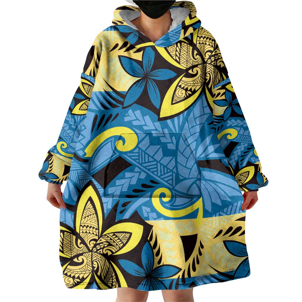 Plumeria Polynesian Pattern Wearable Blanket Hoodie Unique Fantasy Blue Yellow