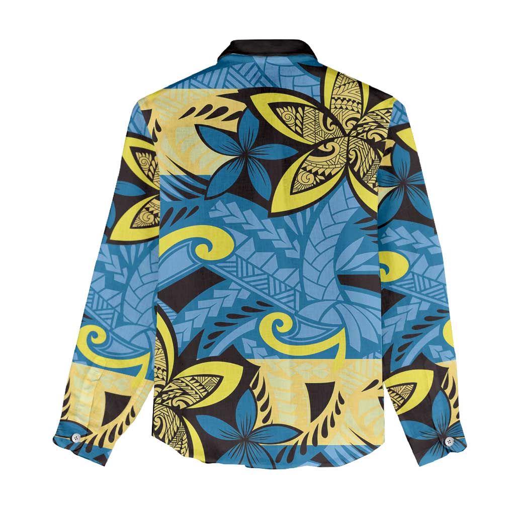 Plumeria Polynesian Pattern Women Casual Shirt Unique Fantasy Blue Yellow