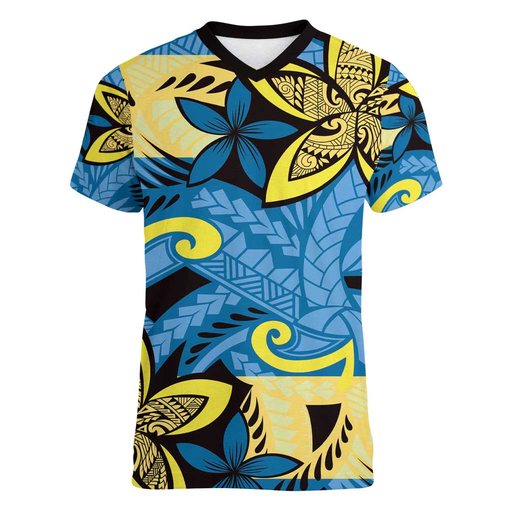 Plumeria Polynesian Pattern Women V-Neck T-Shirt Unique Fantasy Blue Yellow LT01 Female Blue - Polynesian Pride