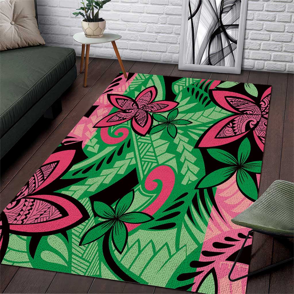 Plumeria Polynesian Pattern Area Rug Unique Fantasy Green Pink