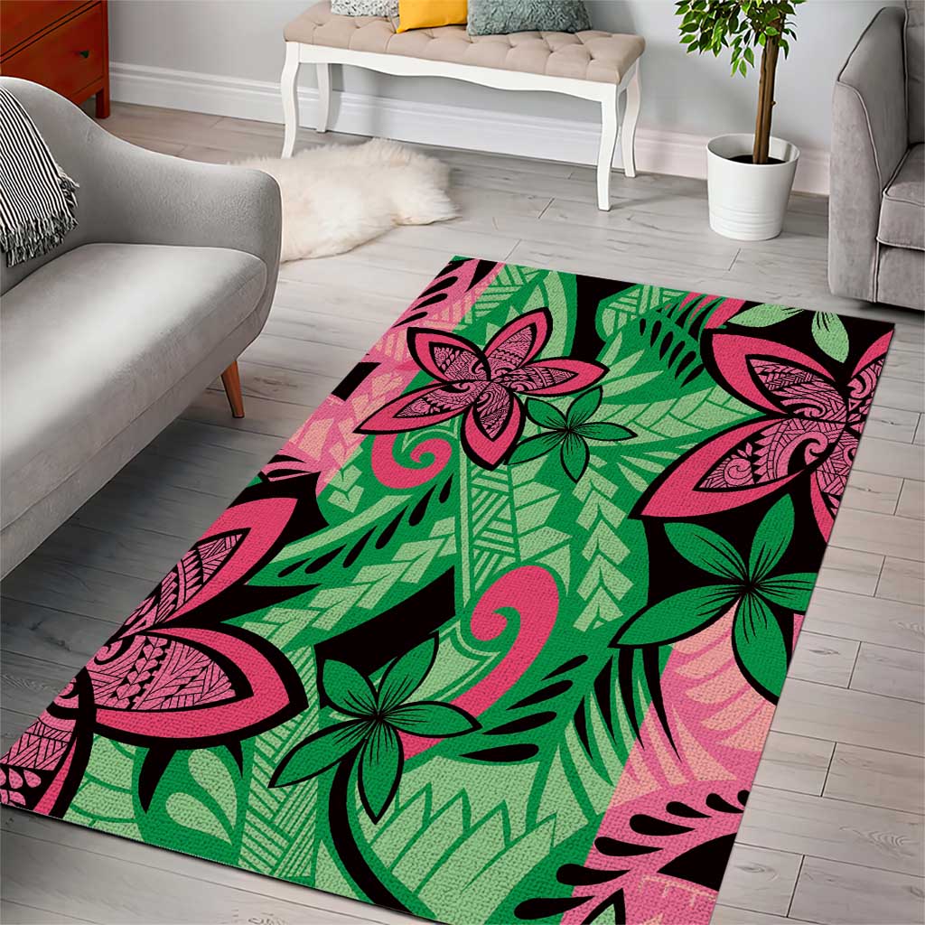 Plumeria Polynesian Pattern Area Rug Unique Fantasy Green Pink