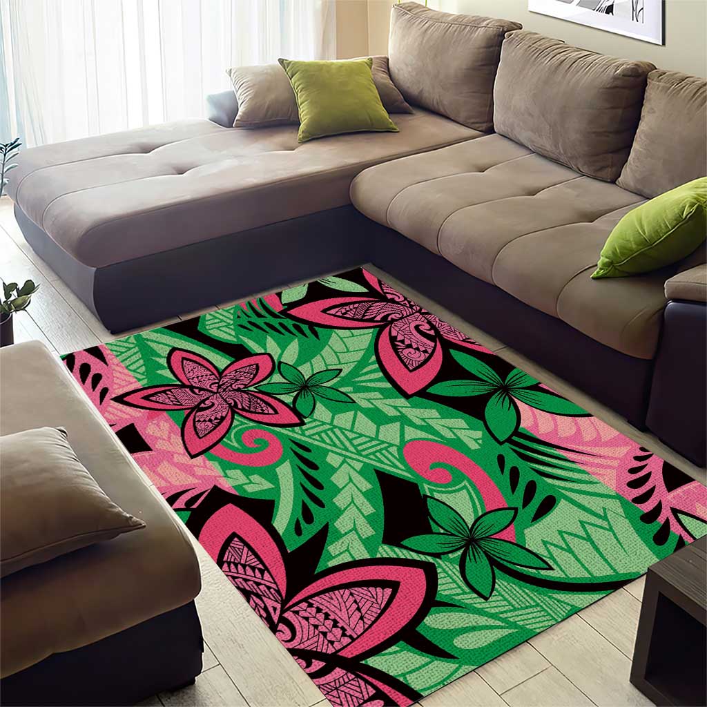 Plumeria Polynesian Pattern Area Rug Unique Fantasy Green Pink