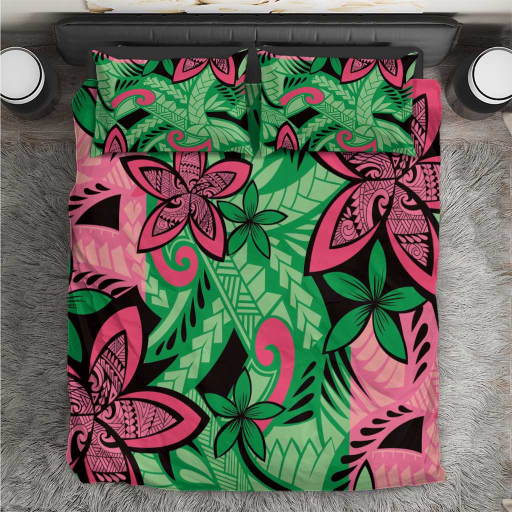 Plumeria Polynesian Pattern Bedding Set Unique Fantasy Green Pink