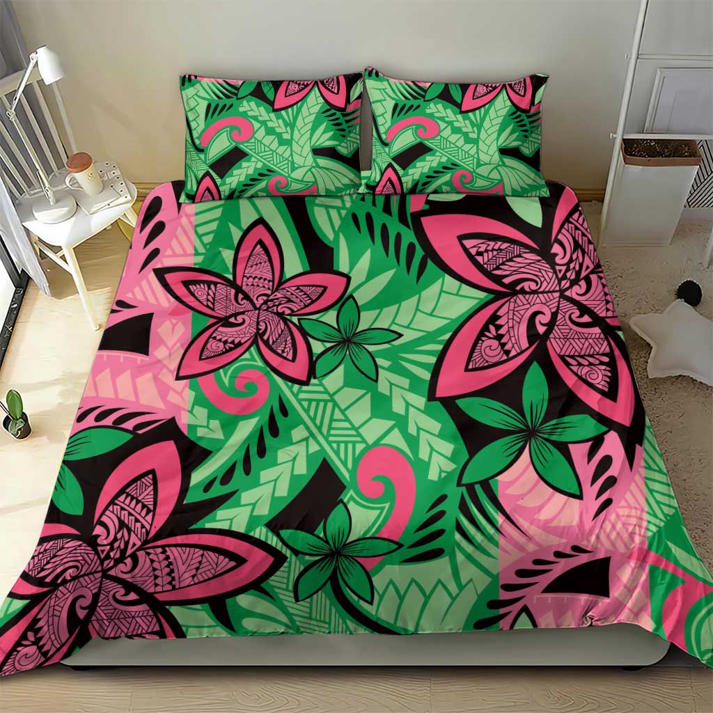 Plumeria Polynesian Pattern Bedding Set Unique Fantasy Green Pink