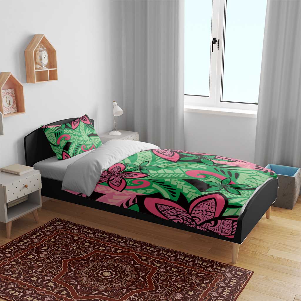 Plumeria Polynesian Pattern Bedding Set Unique Fantasy Green Pink