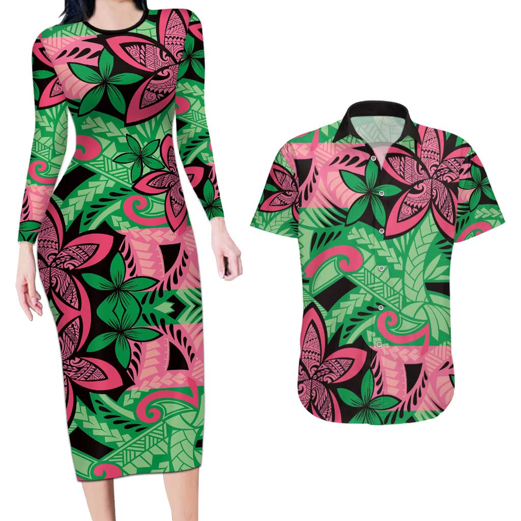 Plumeria Polynesian Pattern Couples Matching Long Sleeve Bodycon Dress and Hawaiian Shirt Unique Fantasy Green Pink LT01 Green - Polynesian Pride
