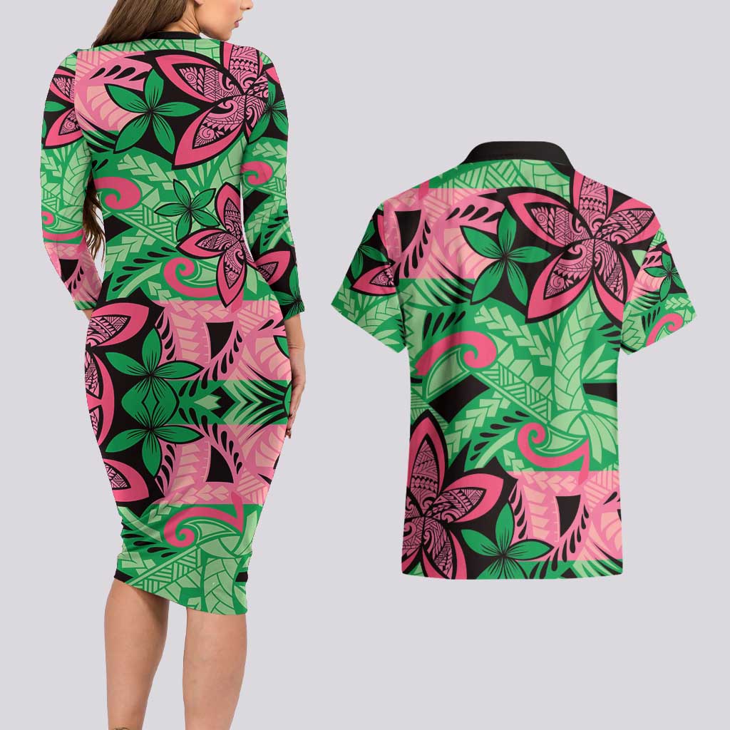 Plumeria Polynesian Pattern Couples Matching Long Sleeve Bodycon Dress and Hawaiian Shirt Unique Fantasy Green Pink LT01 - Polynesian Pride