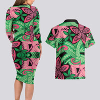 Plumeria Polynesian Pattern Couples Matching Long Sleeve Bodycon Dress and Hawaiian Shirt Unique Fantasy Green Pink LT01 - Polynesian Pride
