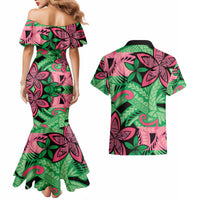 Plumeria Polynesian Pattern Couples Matching Mermaid Dress and Hawaiian Shirt Unique Fantasy Green Pink LT01 - Polynesian Pride