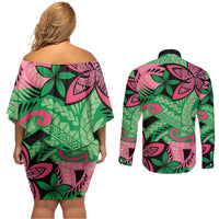 Plumeria Polynesian Pattern Couples Matching Off Shoulder Short Dress and Long Sleeve Button Shirt Unique Fantasy Green Pink LT01 - Polynesian Pride
