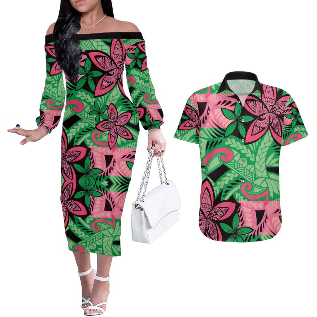 Plumeria Polynesian Pattern Couples Matching Off The Shoulder Long Sleeve Dress and Hawaiian Shirt Unique Fantasy Green Pink