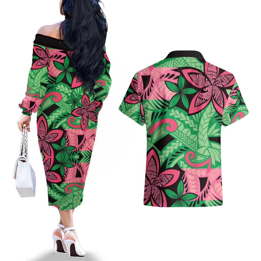 Plumeria Polynesian Pattern Couples Matching Off The Shoulder Long Sleeve Dress and Hawaiian Shirt Unique Fantasy Green Pink