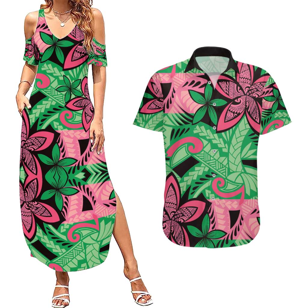 Plumeria Polynesian Pattern Couples Matching Summer Maxi Dress and Hawaiian Shirt Unique Fantasy Green Pink LT01 Green - Polynesian Pride