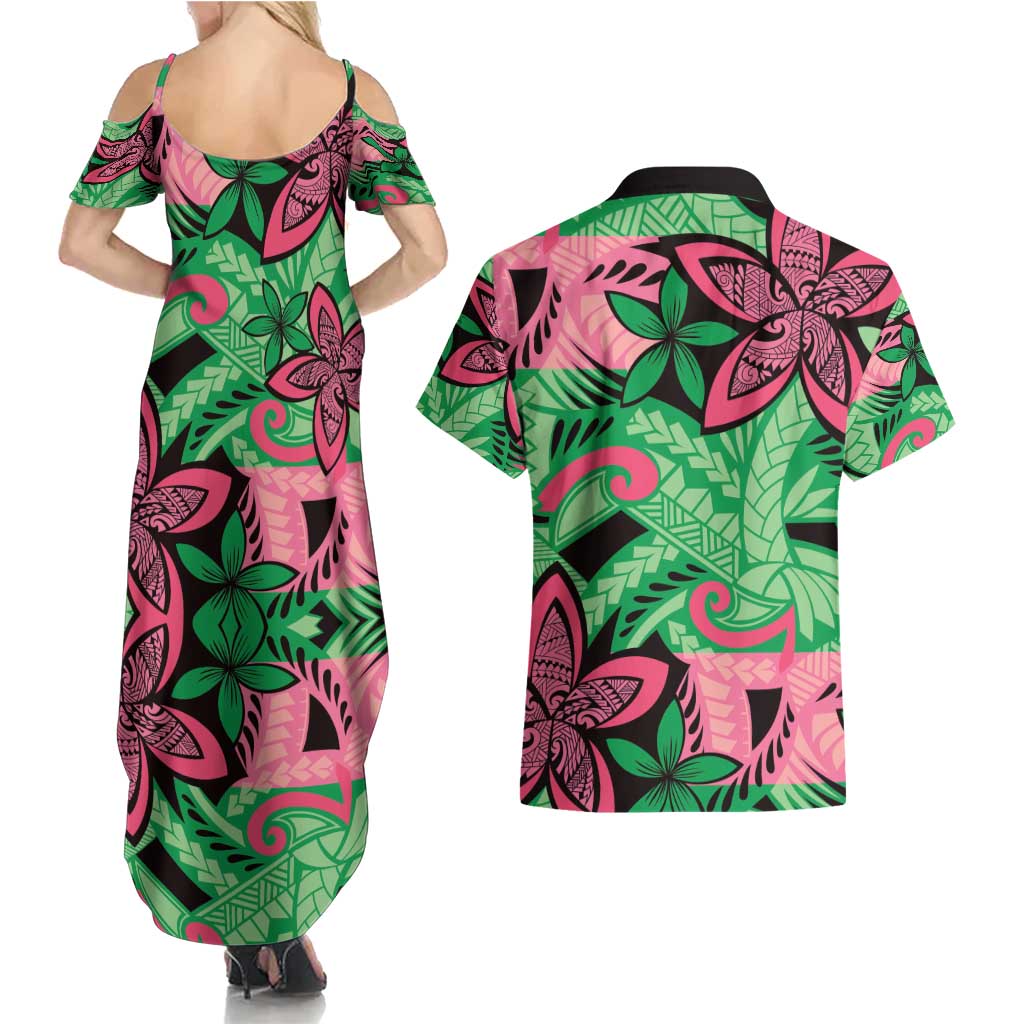 Plumeria Polynesian Pattern Couples Matching Summer Maxi Dress and Hawaiian Shirt Unique Fantasy Green Pink LT01 - Polynesian Pride