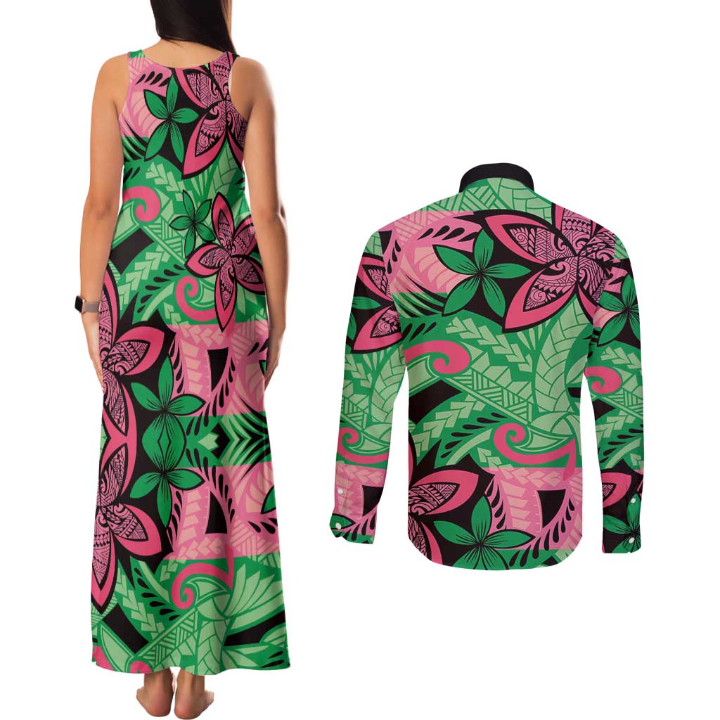 Plumeria Polynesian Pattern Couples Matching Tank Maxi Dress and Long Sleeve Button Shirt Unique Fantasy Green Pink