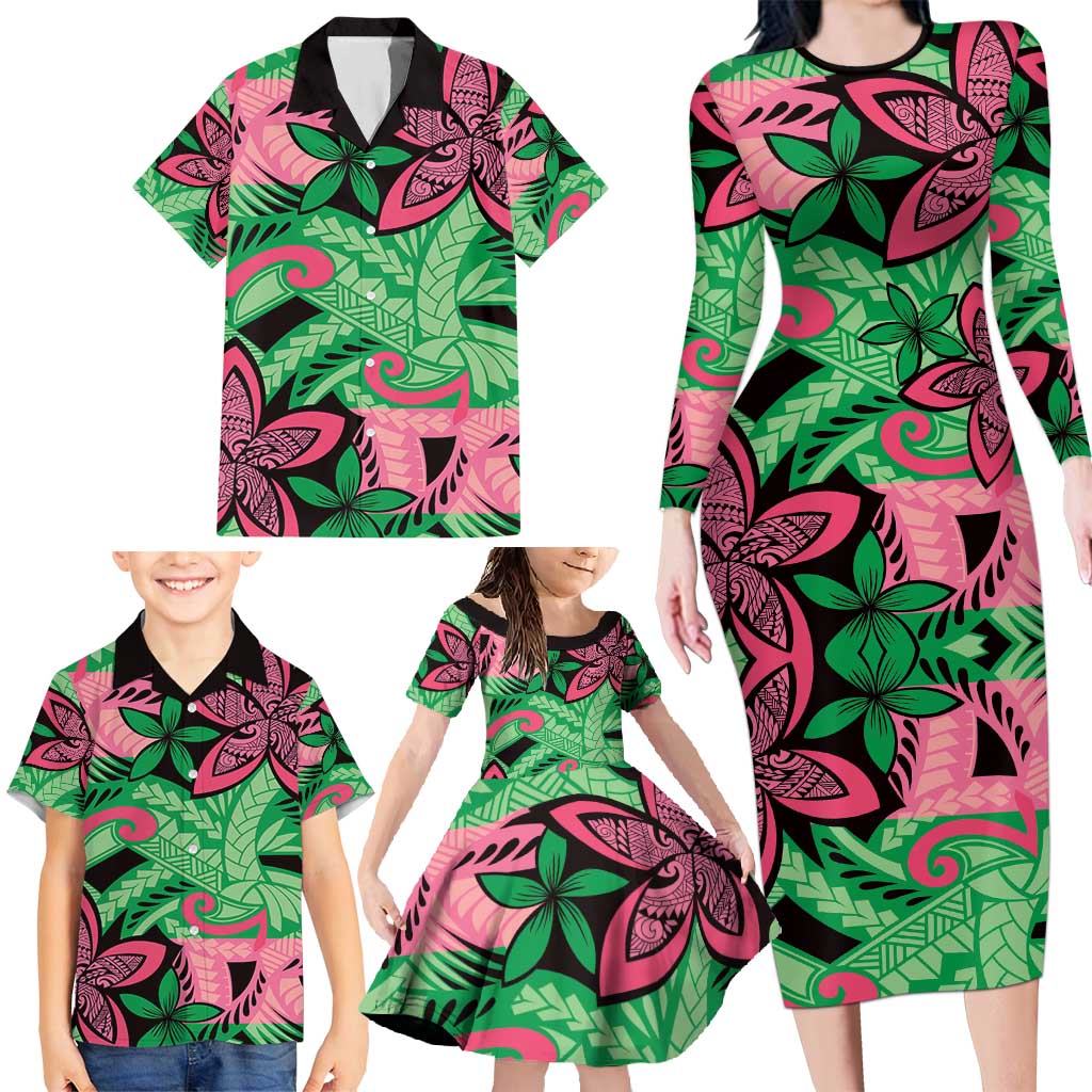 Plumeria Polynesian Pattern Family Matching Long Sleeve Bodycon Dress and Hawaiian Shirt Unique Fantasy Green Pink LT01 - Polynesian Pride
