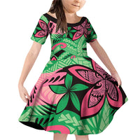 Plumeria Polynesian Pattern Family Matching Off Shoulder Short Dress and Hawaiian Shirt Unique Fantasy Green Pink