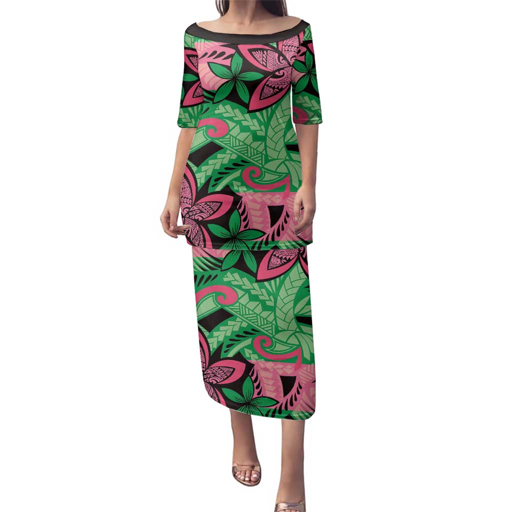 Plumeria Polynesian Pattern Family Matching Puletasi and Hawaiian Shirt Unique Fantasy Green Pink