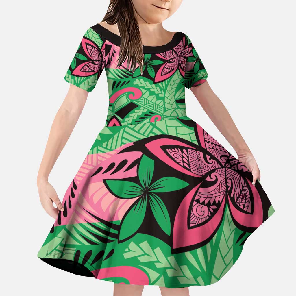 Plumeria Polynesian Pattern Family Matching Short Sleeve Bodycon Dress and Hawaiian Shirt Unique Fantasy Green Pink