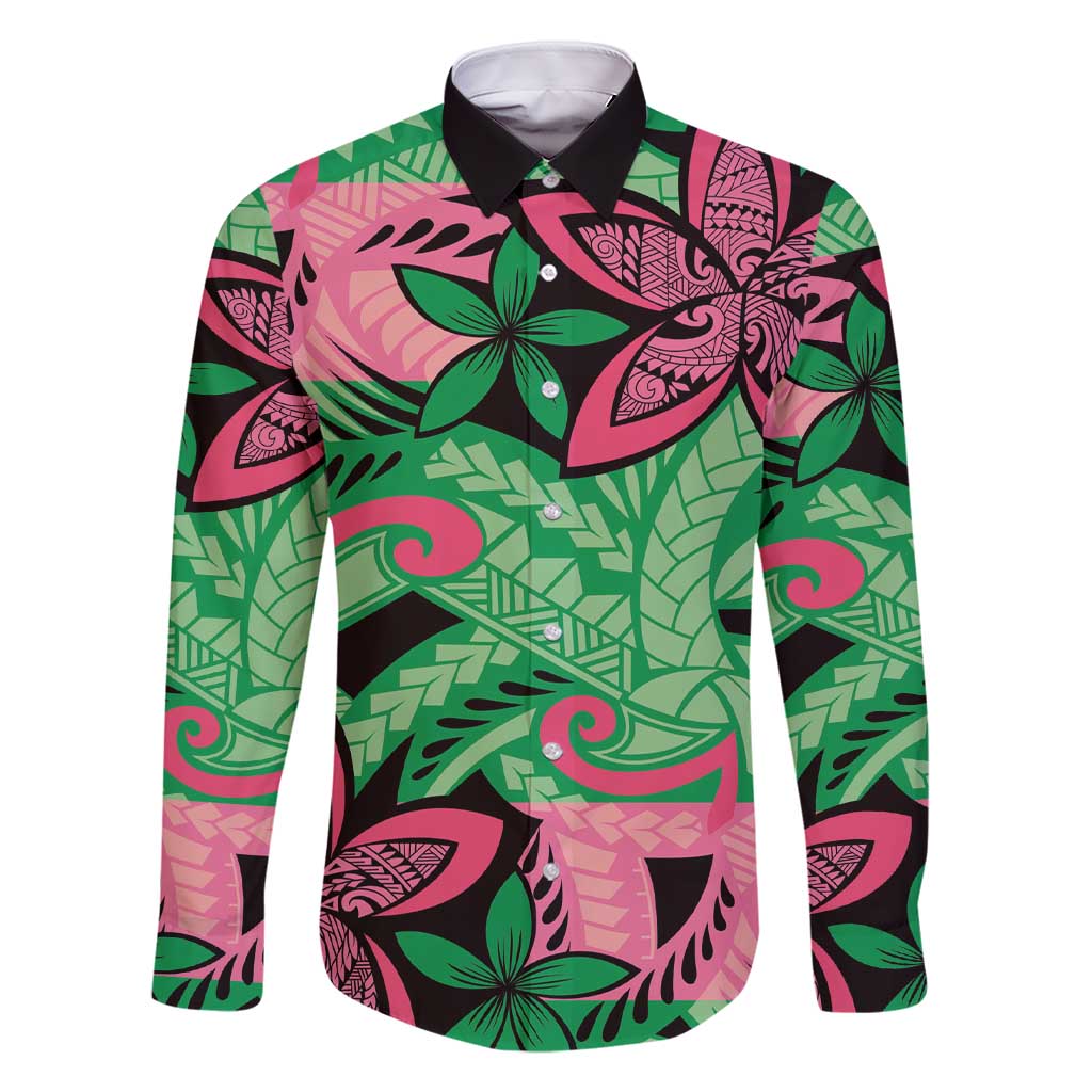 Plumeria Polynesian Pattern Family Matching Short Sleeve Bodycon Dress and Hawaiian Shirt Unique Fantasy Green Pink