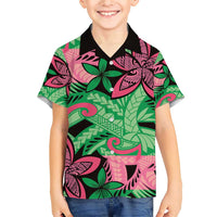 Plumeria Polynesian Pattern Family Matching Short Sleeve Bodycon Dress and Hawaiian Shirt Unique Fantasy Green Pink