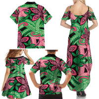 Plumeria Polynesian Pattern Family Matching Summer Maxi Dress and Hawaiian Shirt Unique Fantasy Green Pink LT01 - Polynesian Pride