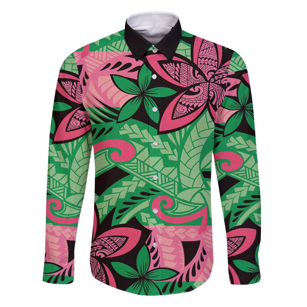 Plumeria Polynesian Pattern Family Matching Summer Maxi Dress and Hawaiian Shirt Unique Fantasy Green Pink LT01 Dad's Shirt - Long Sleeve Green - Polynesian Pride