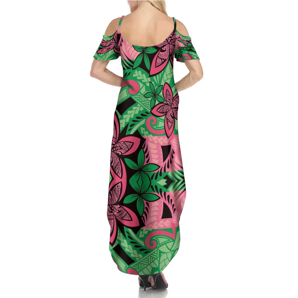 Plumeria Polynesian Pattern Family Matching Summer Maxi Dress and Hawaiian Shirt Unique Fantasy Green Pink LT01 - Polynesian Pride