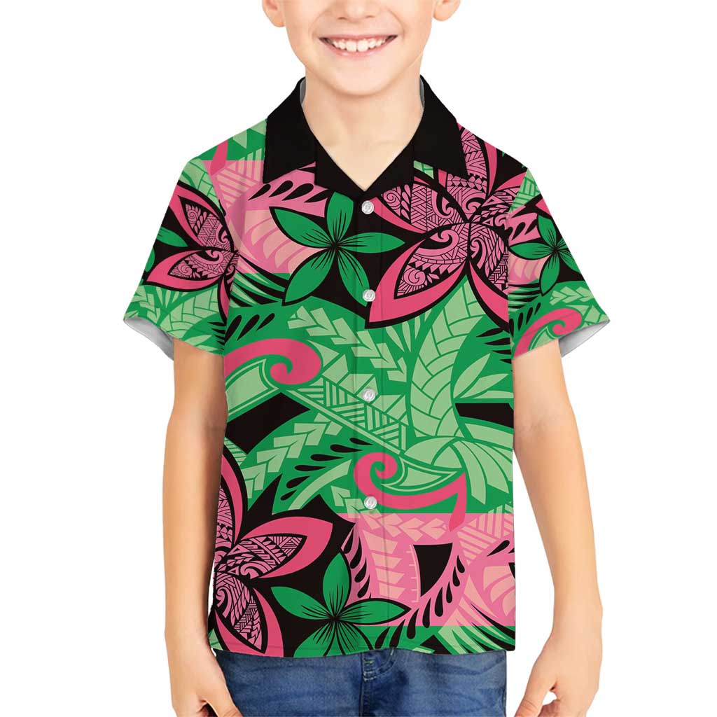Plumeria Polynesian Pattern Family Matching Summer Maxi Dress and Hawaiian Shirt Unique Fantasy Green Pink LT01 Son's Shirt Green - Polynesian Pride