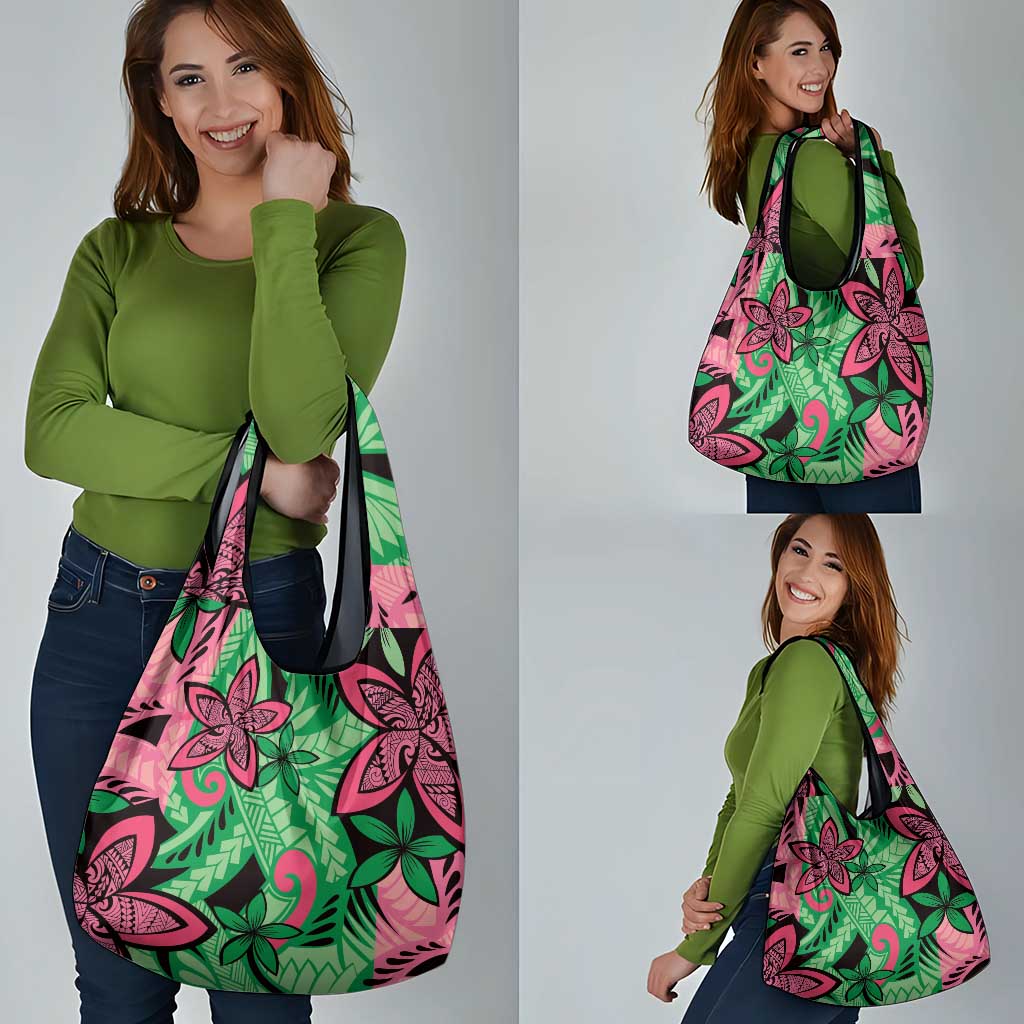 Plumeria Polynesian Pattern Grocery Bag Unique Fantasy Green Pink LT01 - Polynesian Pride
