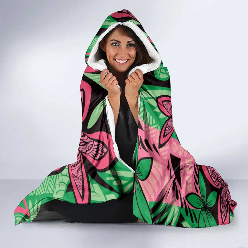 Plumeria Polynesian Pattern Hooded Blanket Unique Fantasy Green Pink