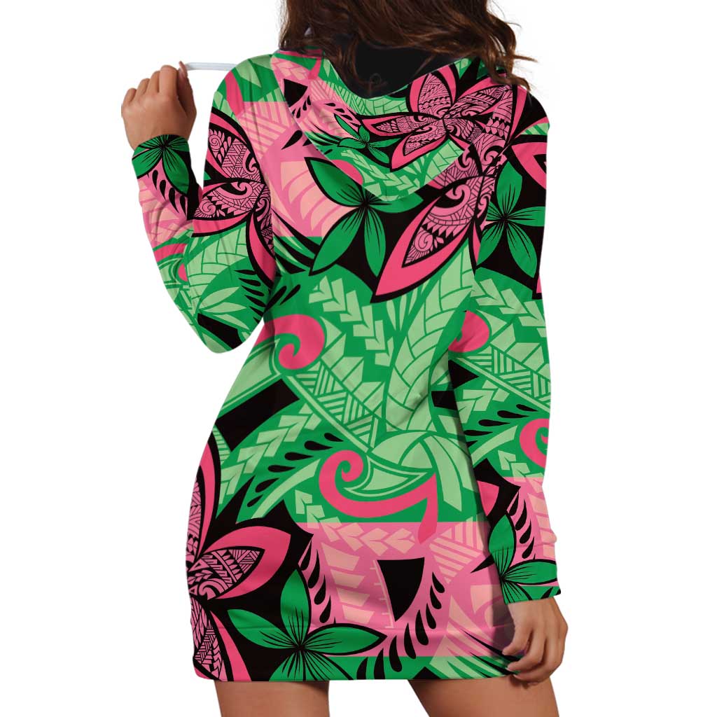Plumeria Polynesian Pattern Hoodie Dress Unique Fantasy Green Pink