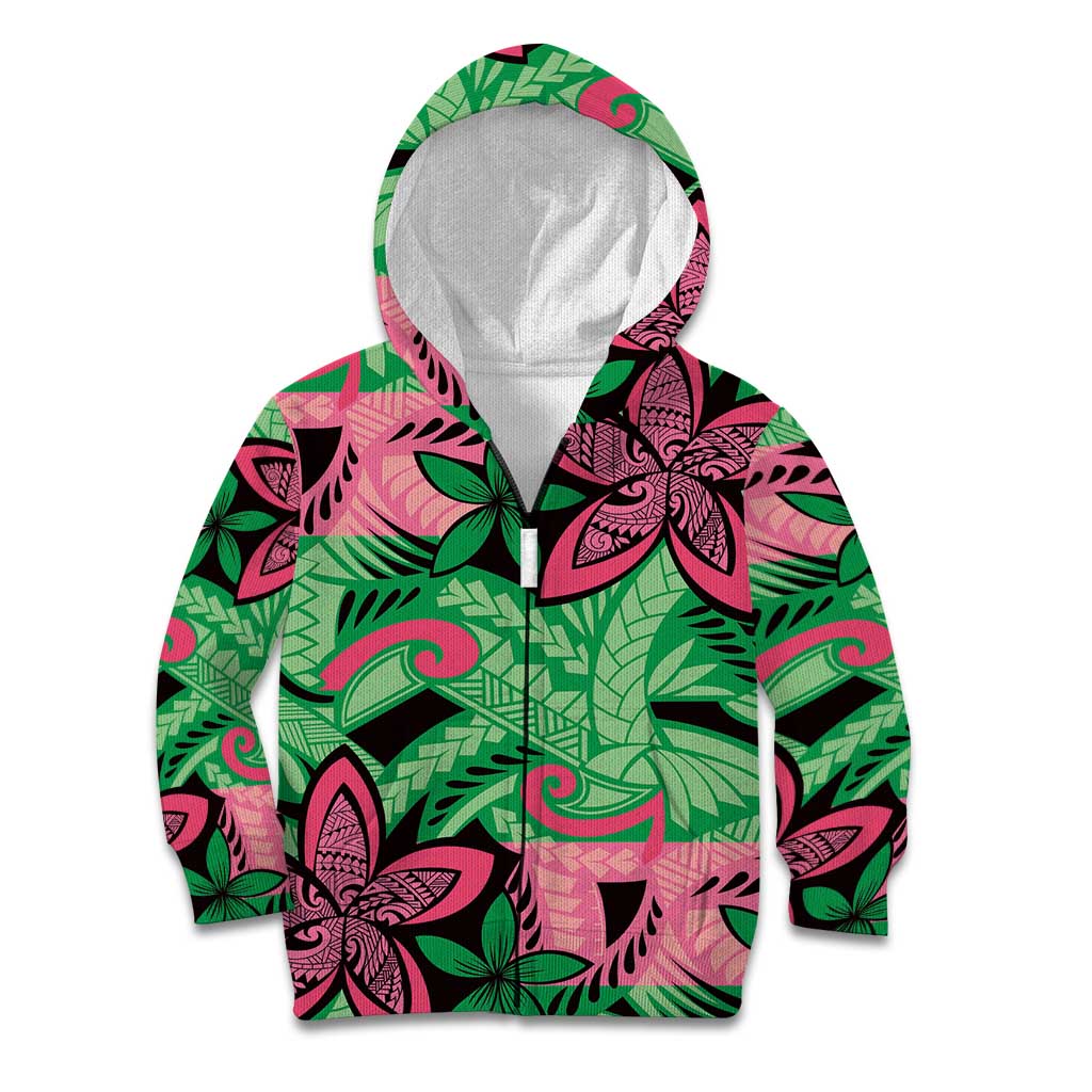 Plumeria Polynesian Pattern Kid Hoodie Unique Fantasy Green Pink