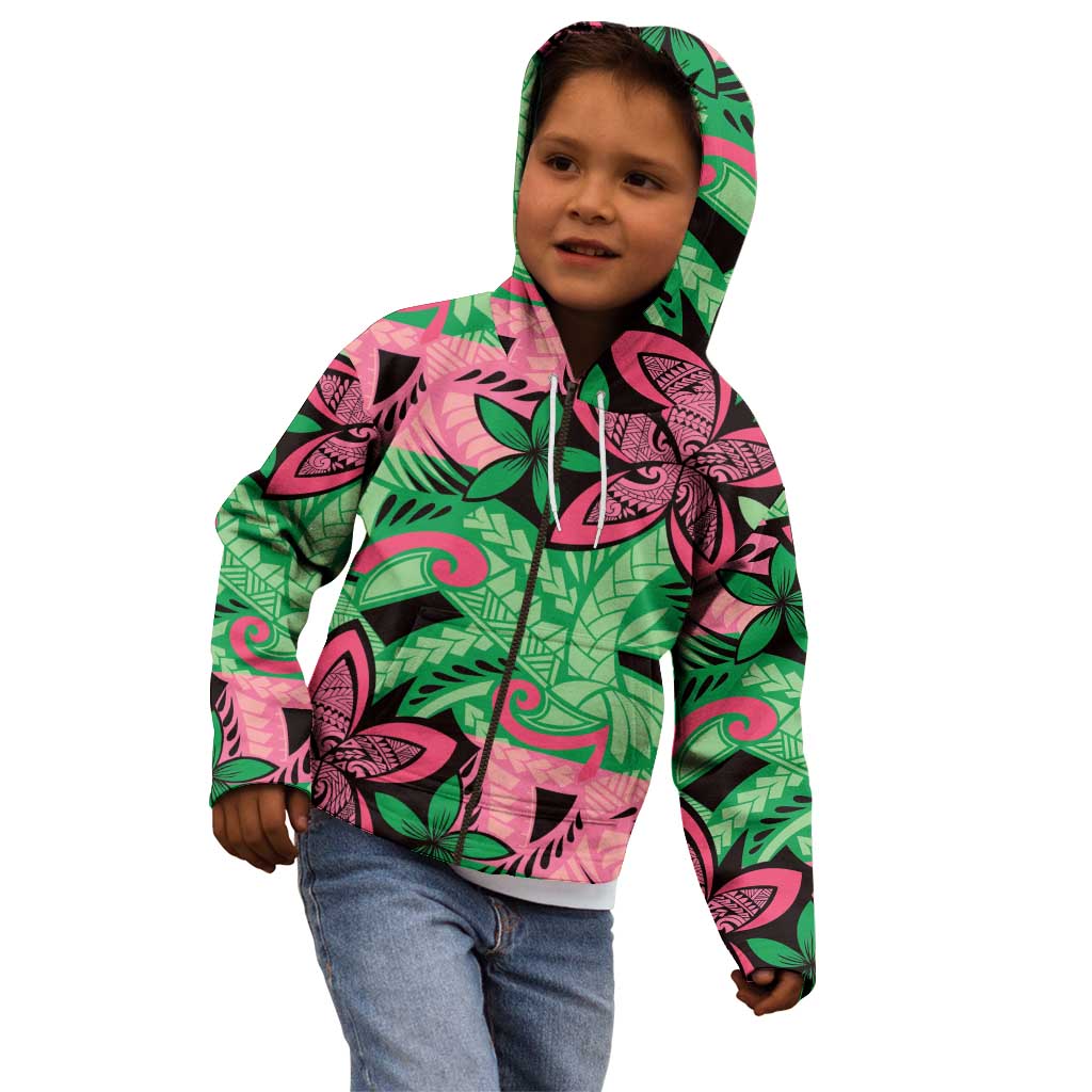 Plumeria Polynesian Pattern Kid Hoodie Unique Fantasy Green Pink