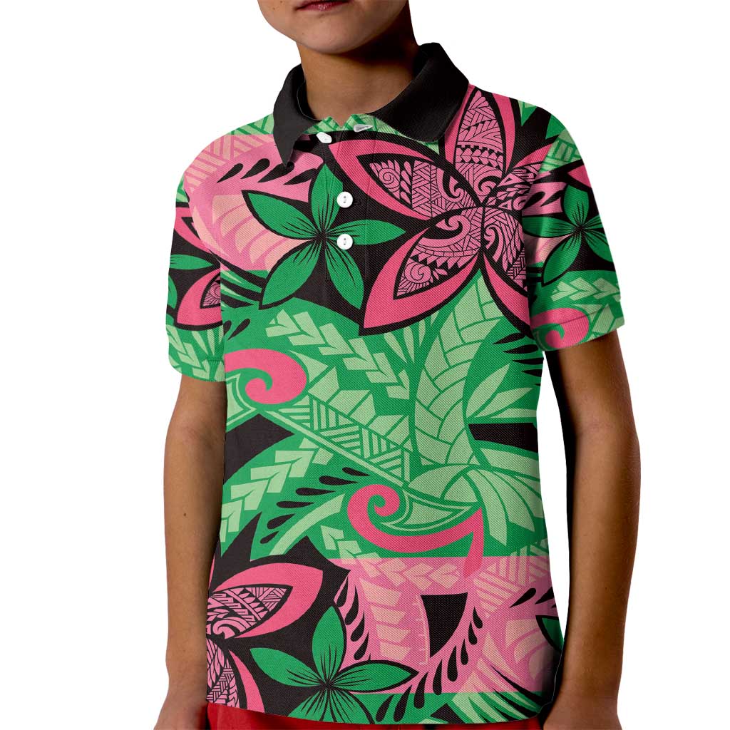 Plumeria Polynesian Pattern Kid Polo Shirt Unique Fantasy Green Pink LT01 Kid Green - Polynesian Pride