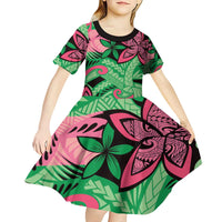 Plumeria Polynesian Pattern Kid Short Sleeve Dress Unique Fantasy Green Pink