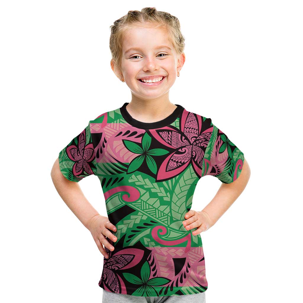 Plumeria Polynesian Pattern Kid T Shirt Unique Fantasy Green Pink LT01 Green - Polynesian Pride