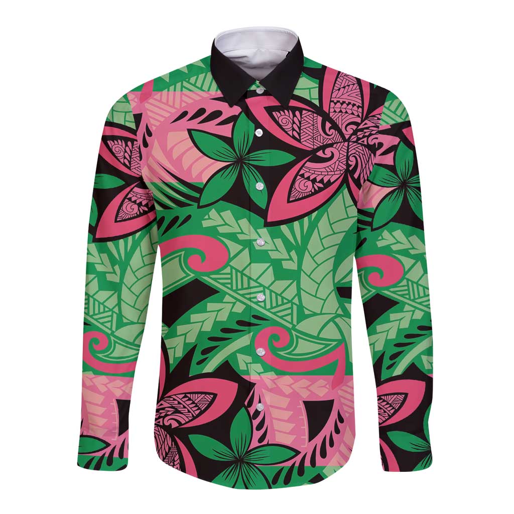 Plumeria Polynesian Pattern Long Sleeve Button Shirt Unique Fantasy Green Pink