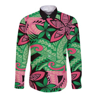 Plumeria Polynesian Pattern Long Sleeve Button Shirt Unique Fantasy Green Pink