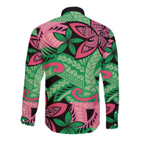 Plumeria Polynesian Pattern Long Sleeve Button Shirt Unique Fantasy Green Pink