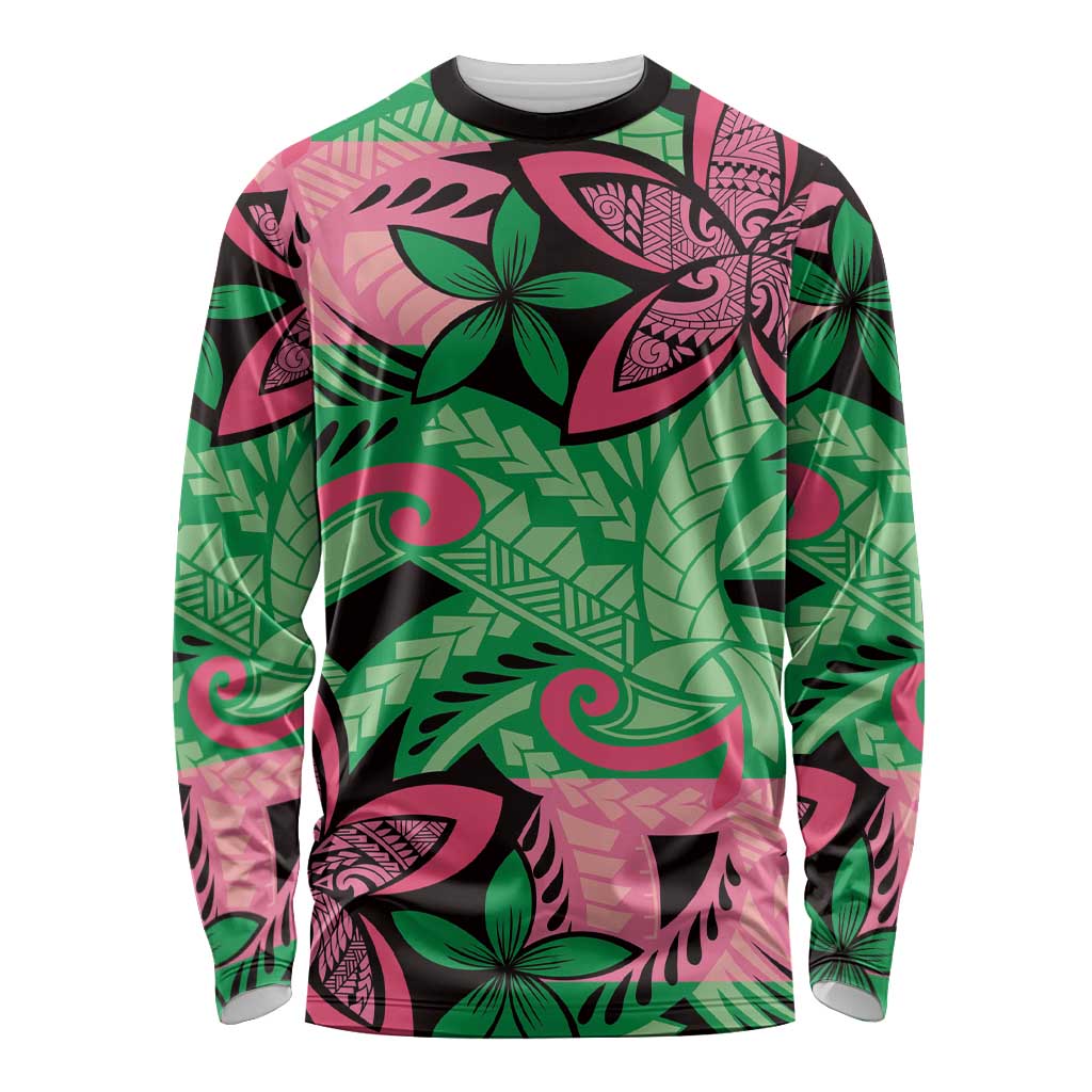 Plumeria Polynesian Pattern Long Sleeve Shirt Unique Fantasy Green Pink