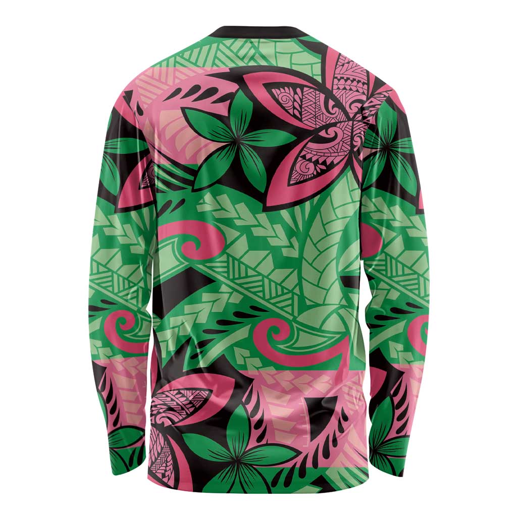 Plumeria Polynesian Pattern Long Sleeve Shirt Unique Fantasy Green Pink