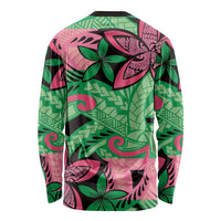 Plumeria Polynesian Pattern Long Sleeve Shirt Unique Fantasy Green Pink