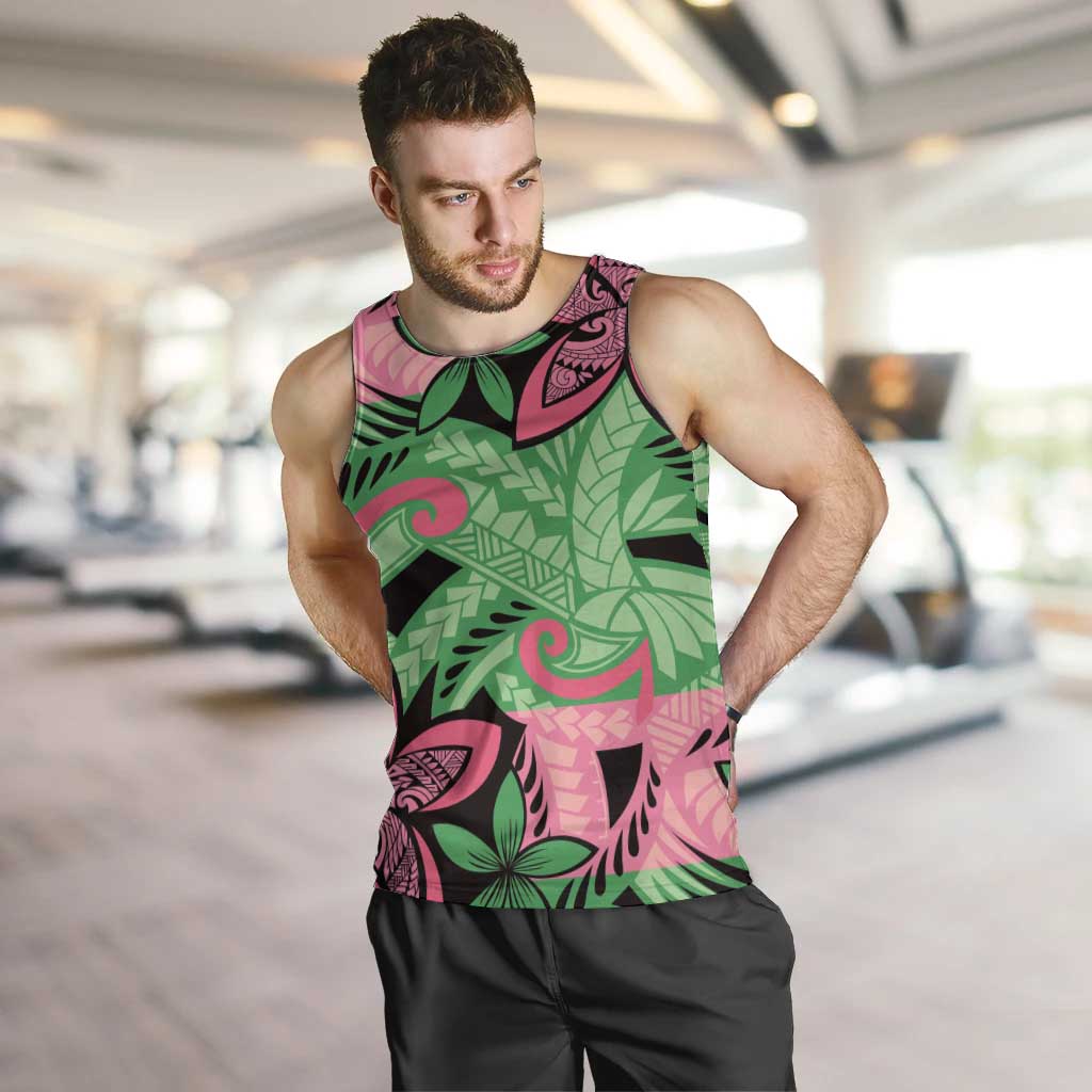 Plumeria Polynesian Pattern Men Tank Top Unique Fantasy Green Pink