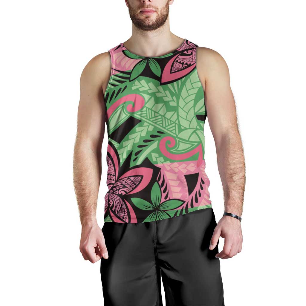 Plumeria Polynesian Pattern Men Tank Top Unique Fantasy Green Pink