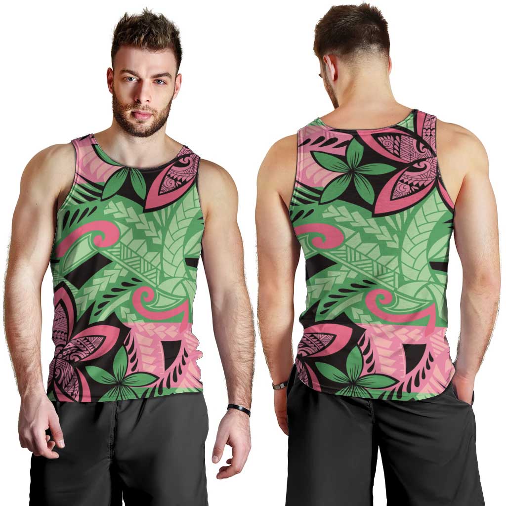 Plumeria Polynesian Pattern Men Tank Top Unique Fantasy Green Pink